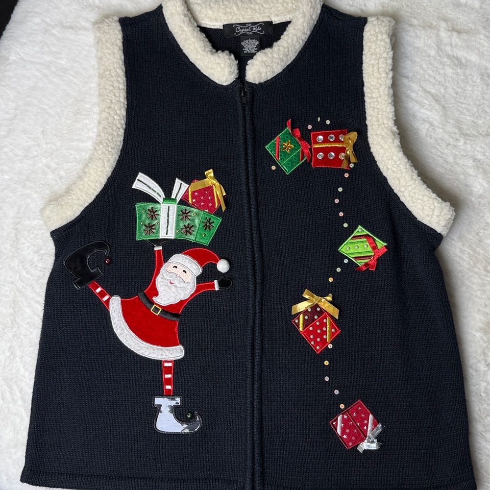Vtg Christmas Sweater Vest L Navy Full Zip Ramie Embroidered Beads Fleece Santa‎